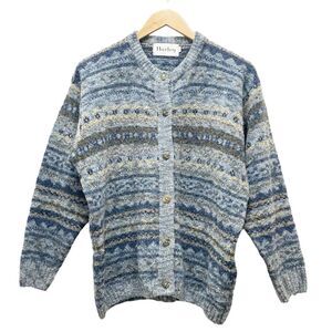 Harley of Scotland Winter Blue Fair Isle Wool Cardigan Sweater Womens Size Large